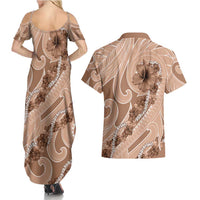 Hawaii Brown Hibiscus Pikake Lei Couples Matching Summer Maxi Dress and Hawaiian Shirt - Polynesian Pride