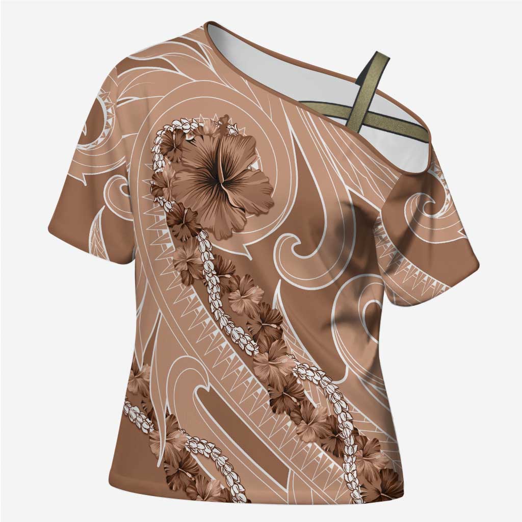 Hawaii Brown Hibiscus Pikake Lei Cross Shoulder Shirt - Polynesian Pride