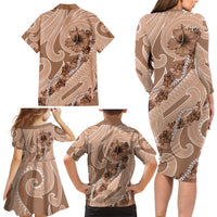 Hawaii Brown Hibiscus Pikake Lei Family Matching Long Sleeve Bodycon Dress and Hawaiian Shirt LT05 - Polynesian Pride