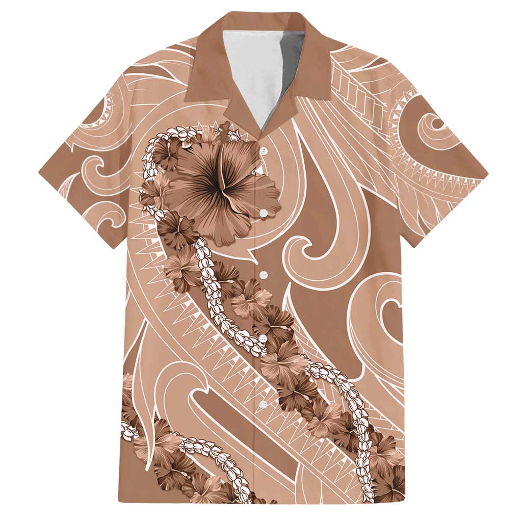 Hawaii Brown Hibiscus Pikake Lei Family Matching Long Sleeve Bodycon Dress and Hawaiian Shirt LT05 Dad's Shirt - Short Sleeve Brown - Polynesian Pride