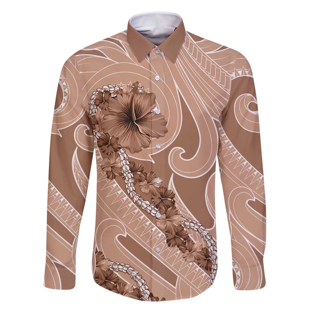 Hawaii Brown Hibiscus Pikake Lei Family Matching Mermaid Dress and Hawaiian Shirt LT05 Dad's Shirt - Long Sleeve Brown - Polynesian Pride