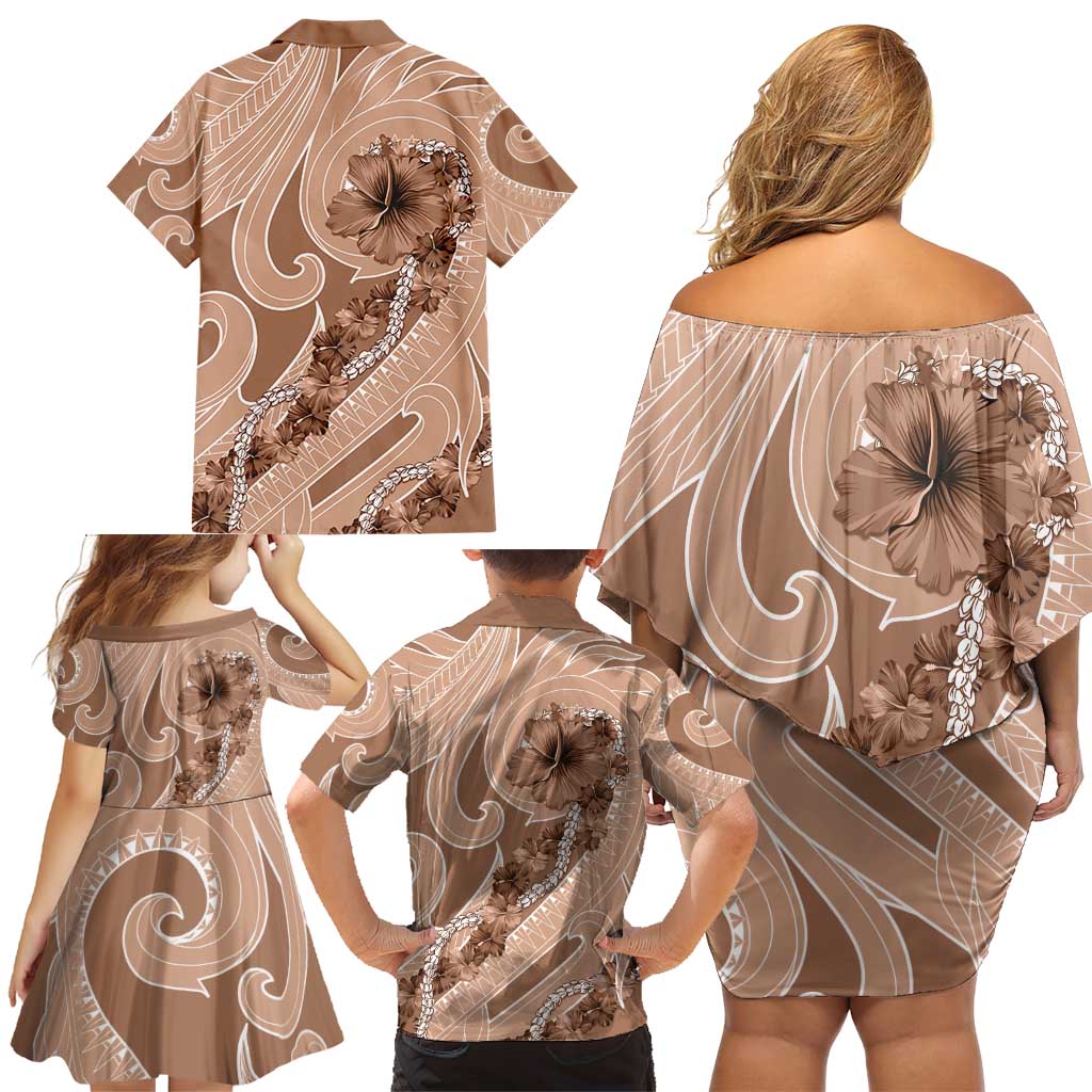 Hawaii Brown Hibiscus Pikake Lei Family Matching Off Shoulder Short Dress and Hawaiian Shirt - Polynesian Pride