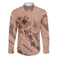 Hawaii Brown Hibiscus Pikake Lei Family Matching Off Shoulder Short Dress and Hawaiian Shirt - Polynesian Pride