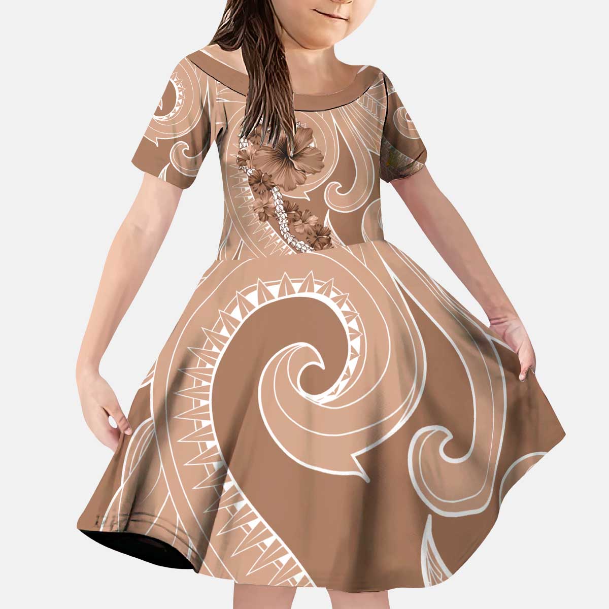 Hawaii Brown Hibiscus Pikake Lei Kid Short Sleeve Dress - Polynesian Pride