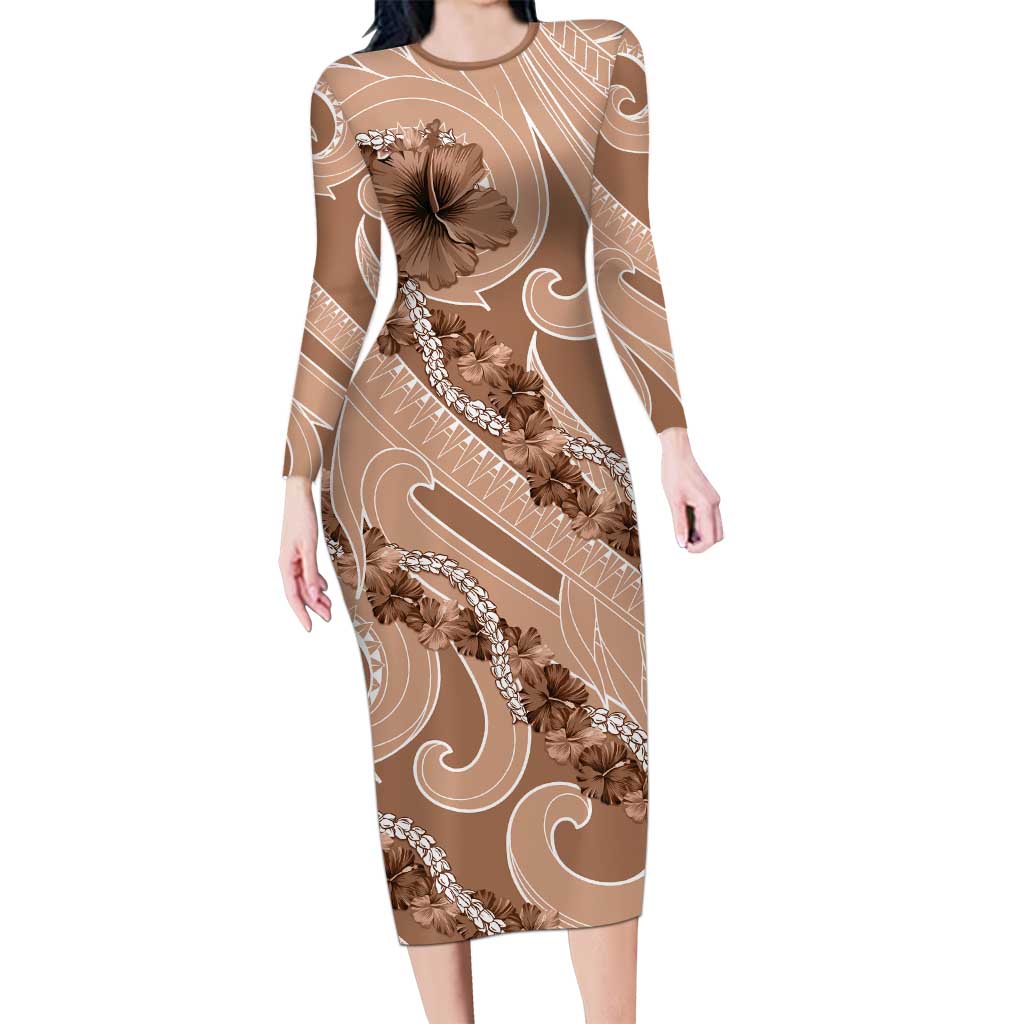 Hawaii Brown Hibiscus Pikake Lei Long Sleeve Bodycon Dress - Polynesian Pride