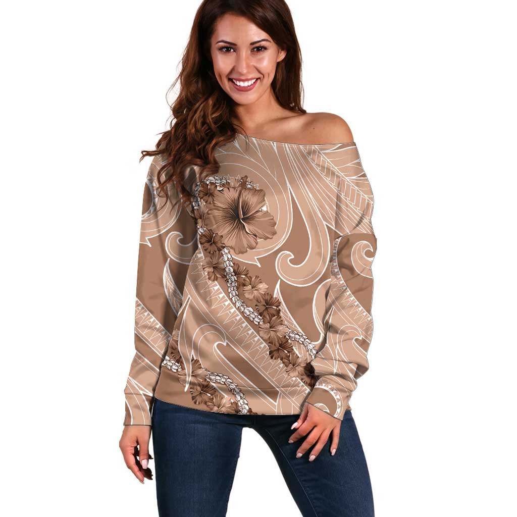 Hawaii Brown Hibiscus Pikake Lei Off Shoulder Sweater - Polynesian Pride