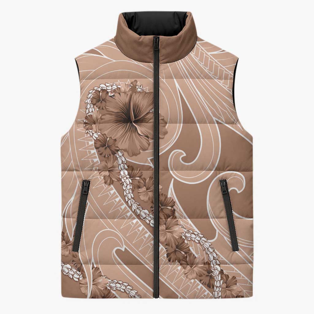 Hawaii Brown Hibiscus Pikake Lei Sleeveless Puffer Jacket - Polynesian Pride