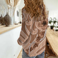 Hawaii Brown Hibiscus Pikake Lei Women Casual Shirt - Polynesian Pride