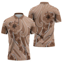 Hawaii Brown Hibiscus Pikake Lei Zipper Polo Shirt - Polynesian Pride
