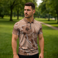 Hawaii Brown Hibiscus Pikake Lei Zipper Polo Shirt - Polynesian Pride