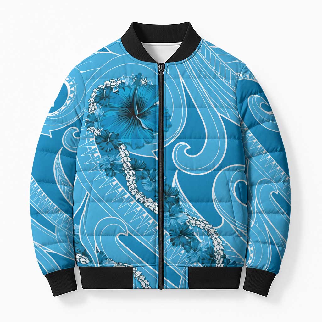 Hawaii Blue Hibiscus Pikake Lei Bomber Puffer Jacket - Polynesian Pride
