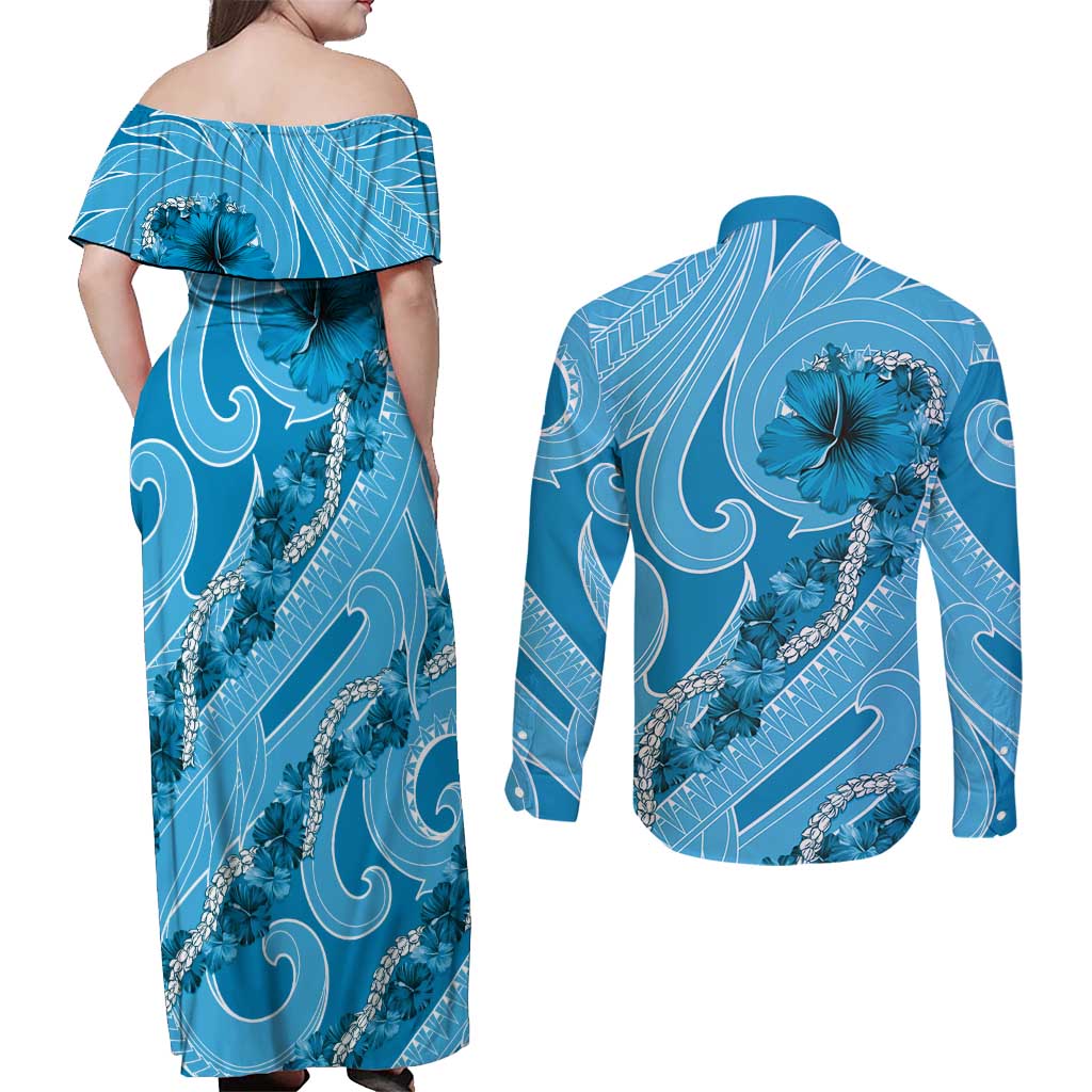 Hawaii Blue Hibiscus Pikake Lei Couples Matching Off Shoulder Maxi Dress and Long Sleeve Button Shirt - Polynesian Pride