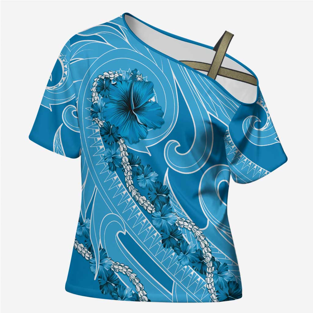 Hawaii Blue Hibiscus Pikake Lei Cross Shoulder Shirt - Polynesian Pride