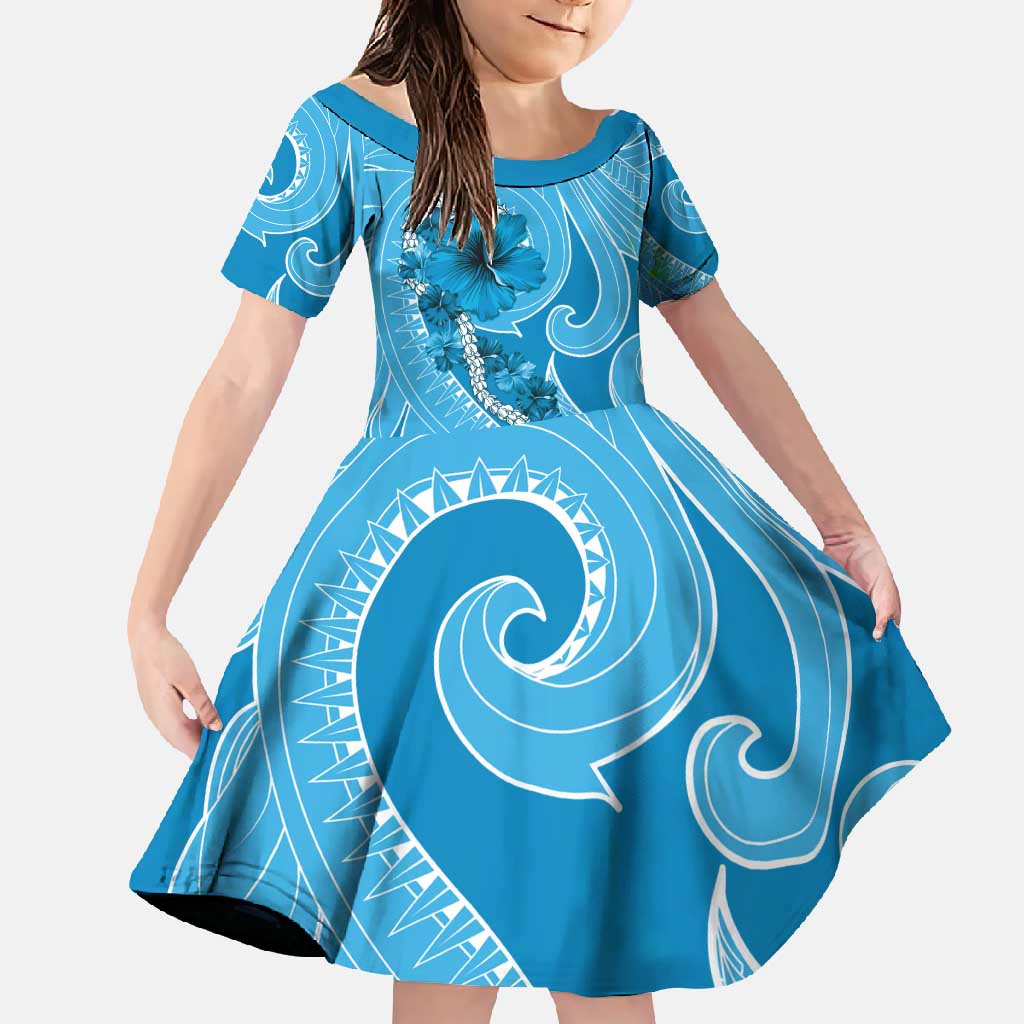 Hawaii Blue Hibiscus Pikake Lei Family Matching Long Sleeve Bodycon Dress and Hawaiian Shirt LT05 Daughter's Dress Blue - Polynesian Pride