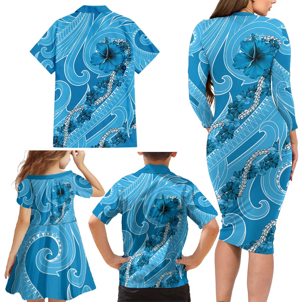Hawaii Blue Hibiscus Pikake Lei Family Matching Long Sleeve Bodycon Dress and Hawaiian Shirt LT05 - Polynesian Pride