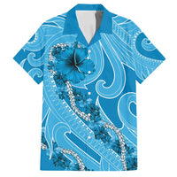 Hawaii Blue Hibiscus Pikake Lei Family Matching Long Sleeve Bodycon Dress and Hawaiian Shirt LT05 Dad's Shirt - Short Sleeve Blue - Polynesian Pride