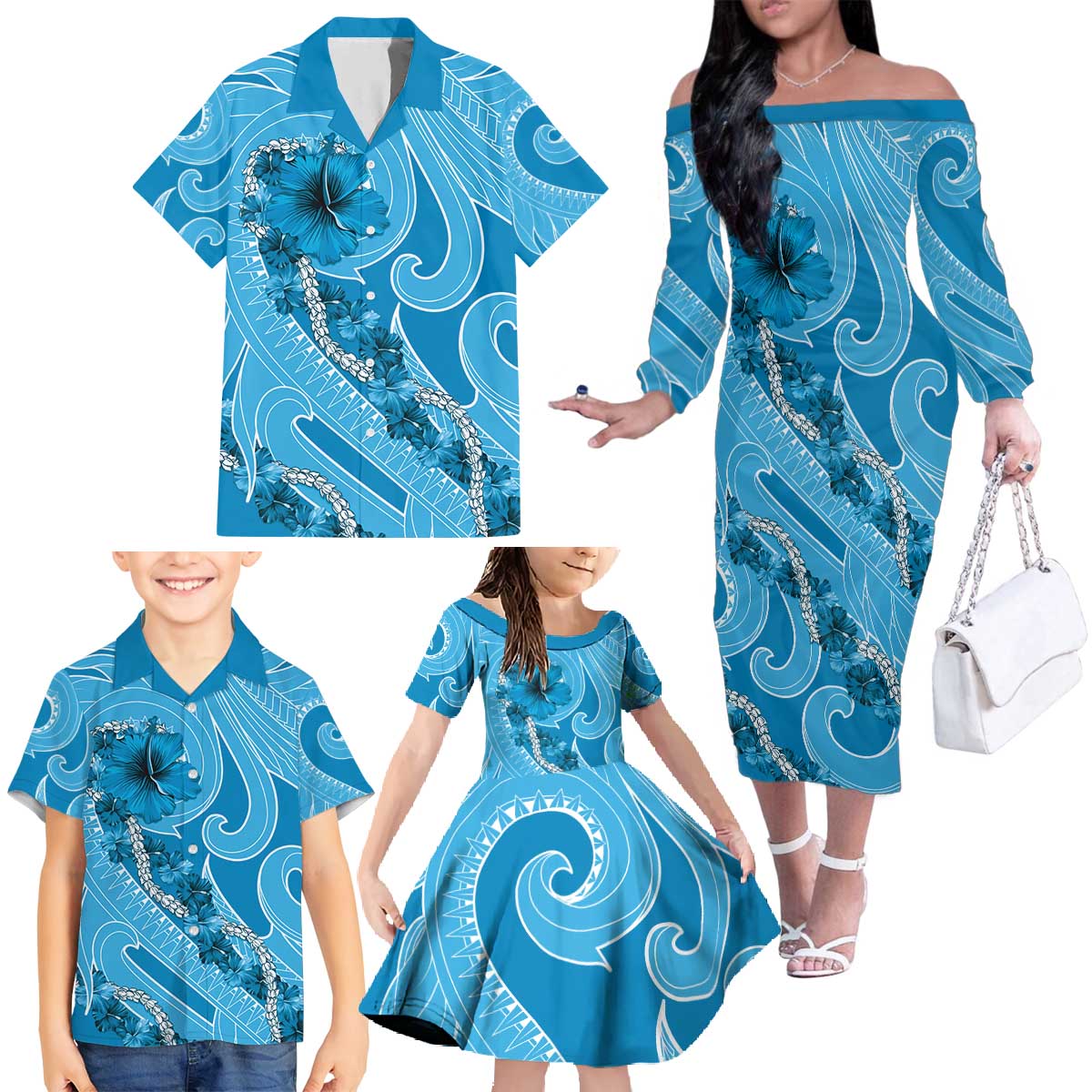 Hawaii Blue Hibiscus Pikake Lei Family Matching Off The Shoulder Long Sleeve Dress and Hawaiian Shirt - Polynesian Pride