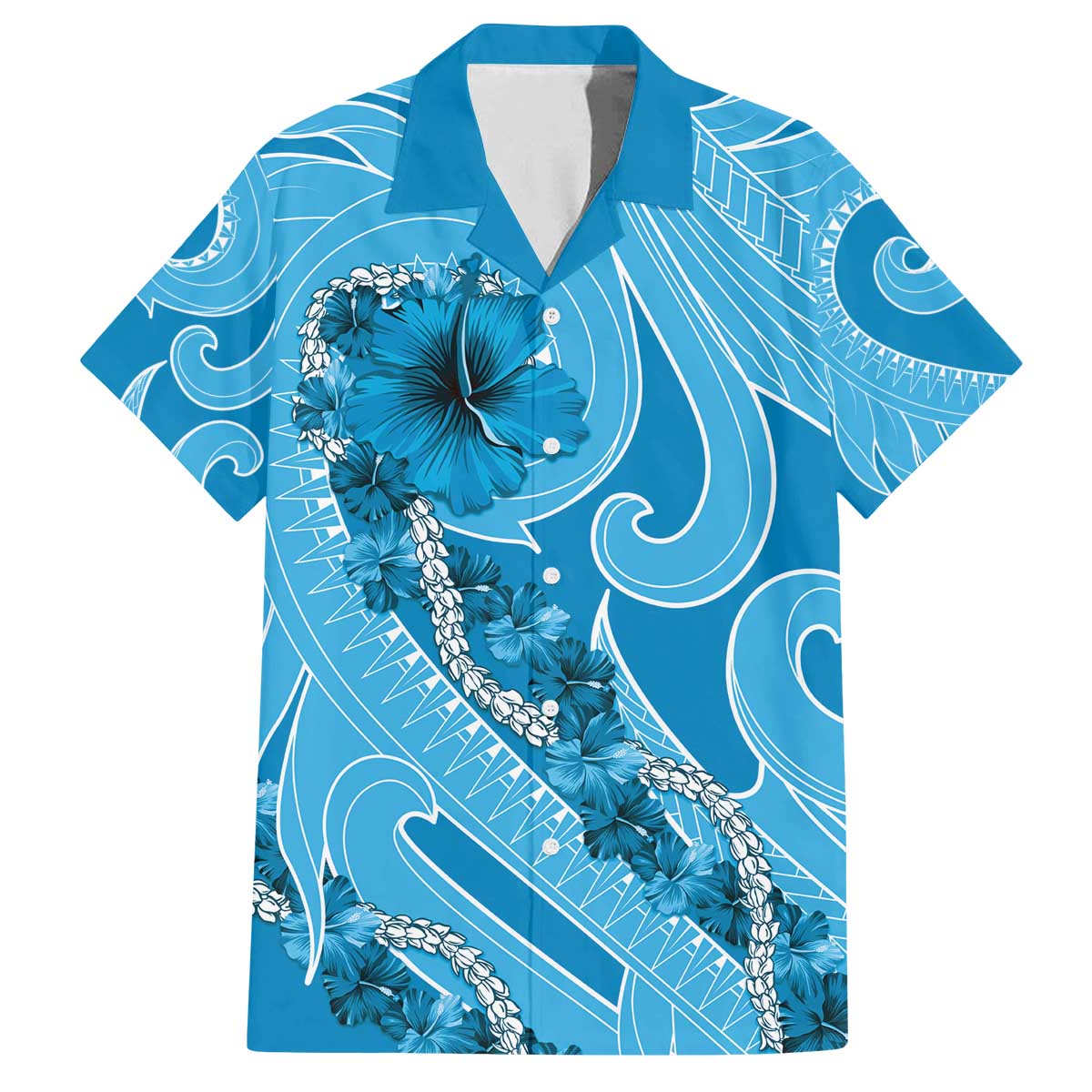 Hawaii Blue Hibiscus Pikake Lei Family Matching Off The Shoulder Long Sleeve Dress and Hawaiian Shirt - Polynesian Pride