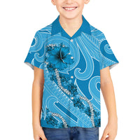 Hawaii Blue Hibiscus Pikake Lei Family Matching Off The Shoulder Long Sleeve Dress and Hawaiian Shirt - Polynesian Pride