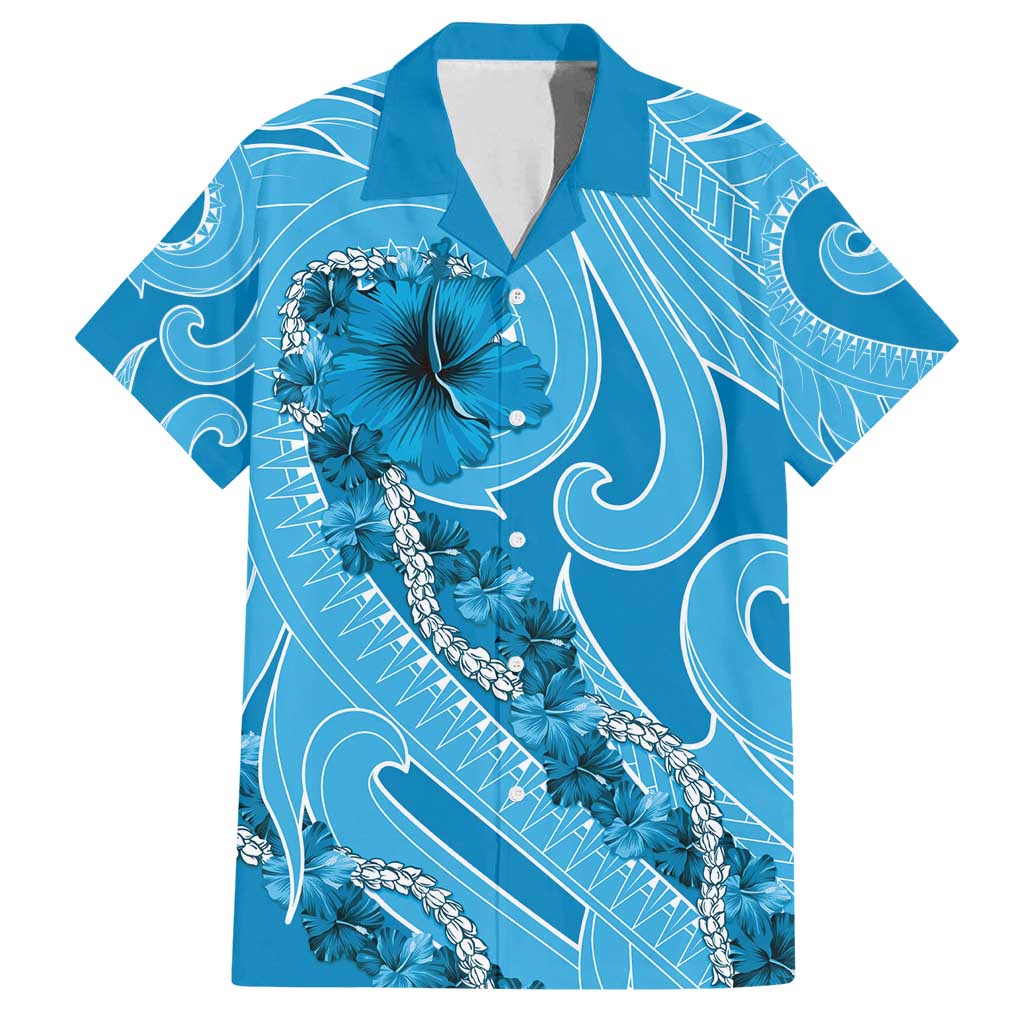 Hawaii Blue Hibiscus Pikake Lei Family Matching Off Shoulder Short Dress and Hawaiian Shirt - Polynesian Pride