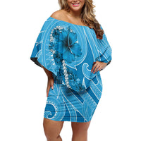 Hawaii Blue Hibiscus Pikake Lei Family Matching Off Shoulder Short Dress and Hawaiian Shirt - Polynesian Pride