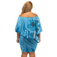 Hawaii Blue Hibiscus Pikake Lei Family Matching Off Shoulder Short Dress and Hawaiian Shirt - Polynesian Pride