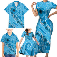 Hawaii Blue Hibiscus Pikake Lei Family Matching Short Sleeve Bodycon Dress and Hawaiian Shirt LT05 - Polynesian Pride