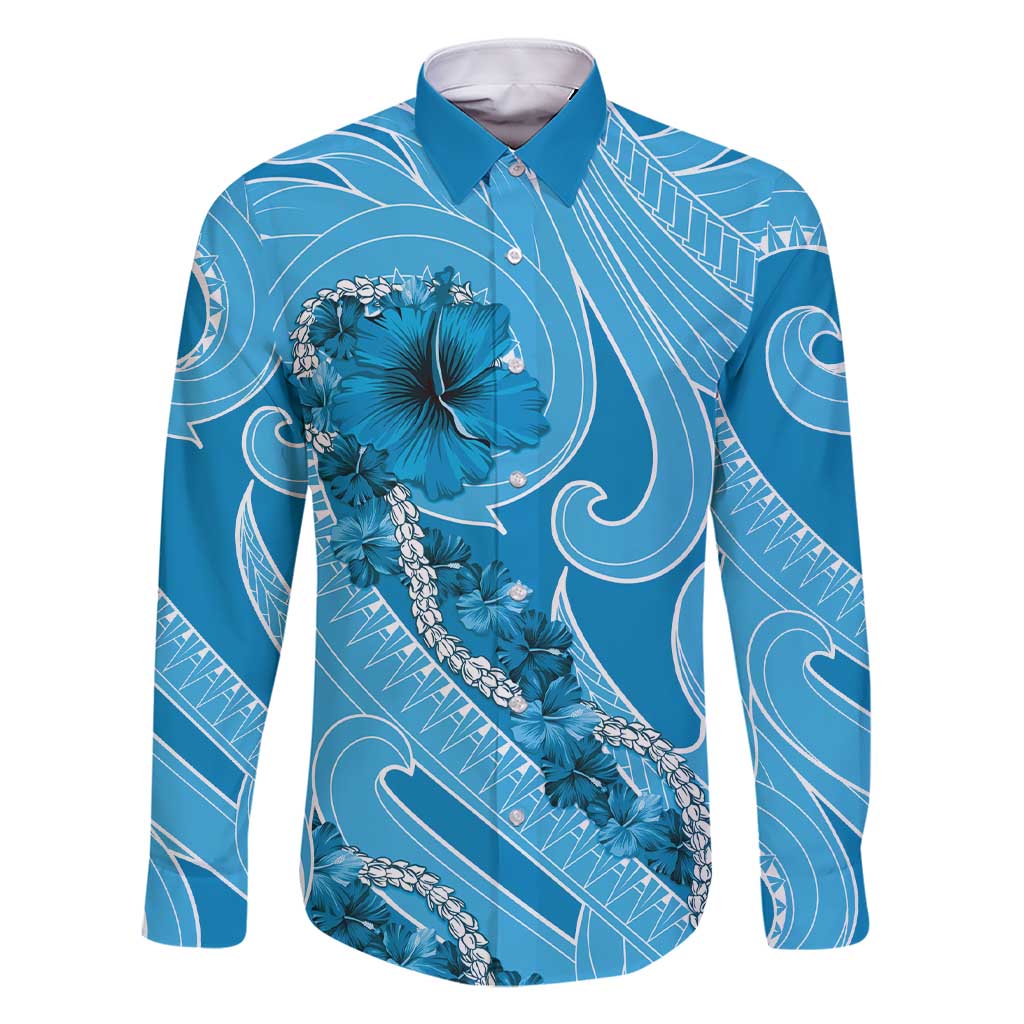 Hawaii Blue Hibiscus Pikake Lei Family Matching Short Sleeve Bodycon Dress and Hawaiian Shirt LT05 Dad's Shirt - Long Sleeve Blue - Polynesian Pride