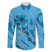 Hawaii Blue Hibiscus Pikake Lei Family Matching Short Sleeve Bodycon Dress and Hawaiian Shirt LT05 Dad's Shirt - Long Sleeve Blue - Polynesian Pride