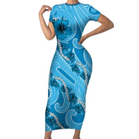 Hawaii Blue Hibiscus Pikake Lei Family Matching Short Sleeve Bodycon Dress and Hawaiian Shirt LT05 Mom's Dress Blue - Polynesian Pride