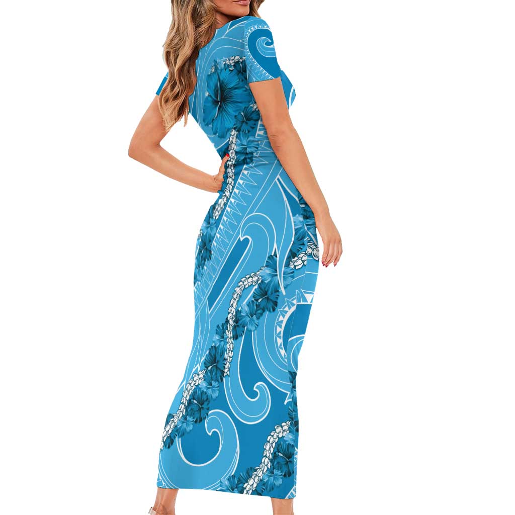 Hawaii Blue Hibiscus Pikake Lei Family Matching Short Sleeve Bodycon Dress and Hawaiian Shirt LT05 - Polynesian Pride