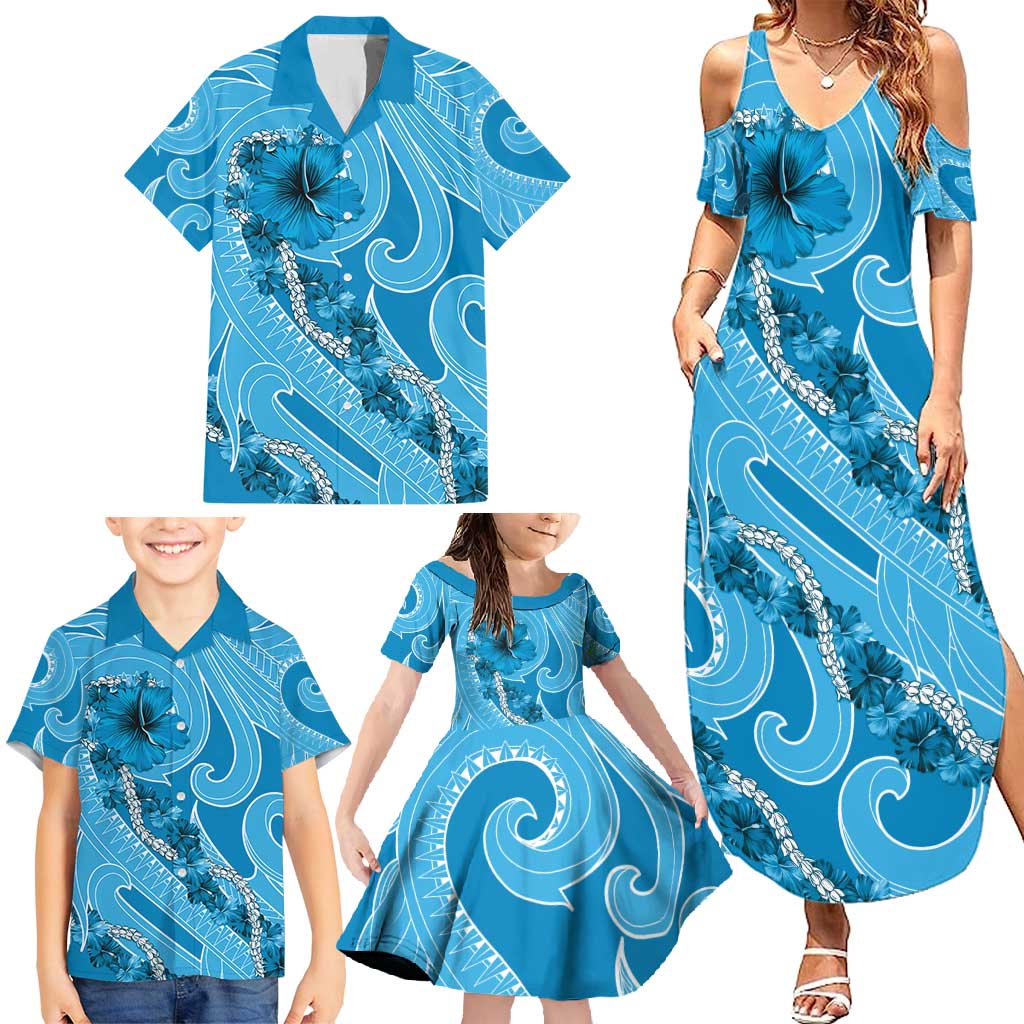 Hawaii Blue Hibiscus Pikake Lei Family Matching Summer Maxi Dress and Hawaiian Shirt - Polynesian Pride