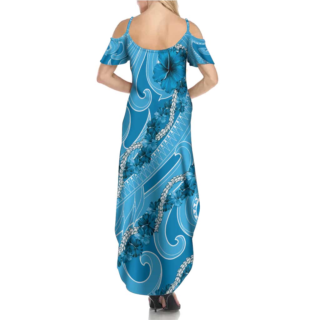Hawaii Blue Hibiscus Pikake Lei Family Matching Summer Maxi Dress and Hawaiian Shirt - Polynesian Pride