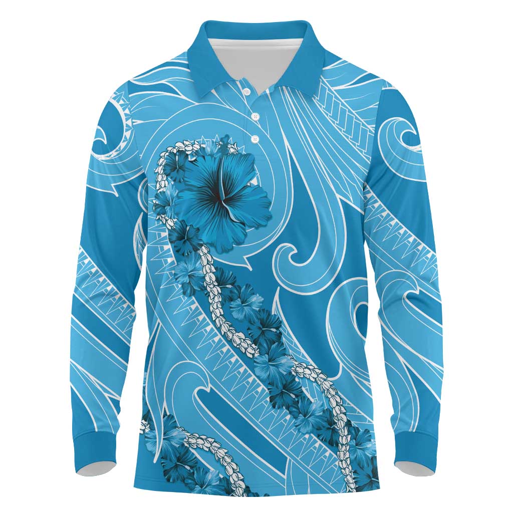 Hawaii Blue Hibiscus Pikake Lei Long Sleeve Polo Shirt - Polynesian Pride