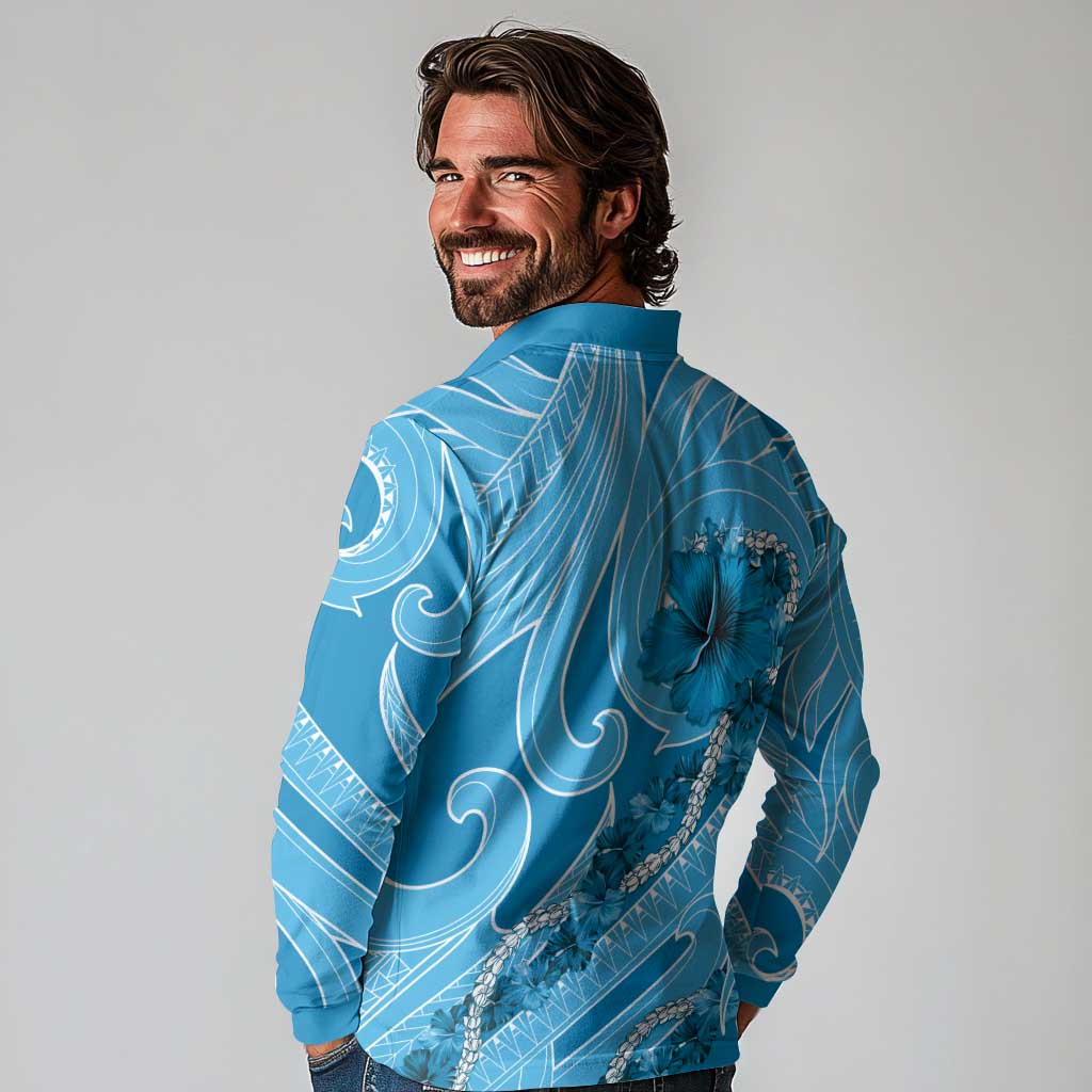 Hawaii Blue Hibiscus Pikake Lei Long Sleeve Polo Shirt - Polynesian Pride