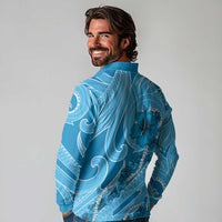 Hawaii Blue Hibiscus Pikake Lei Long Sleeve Polo Shirt - Polynesian Pride