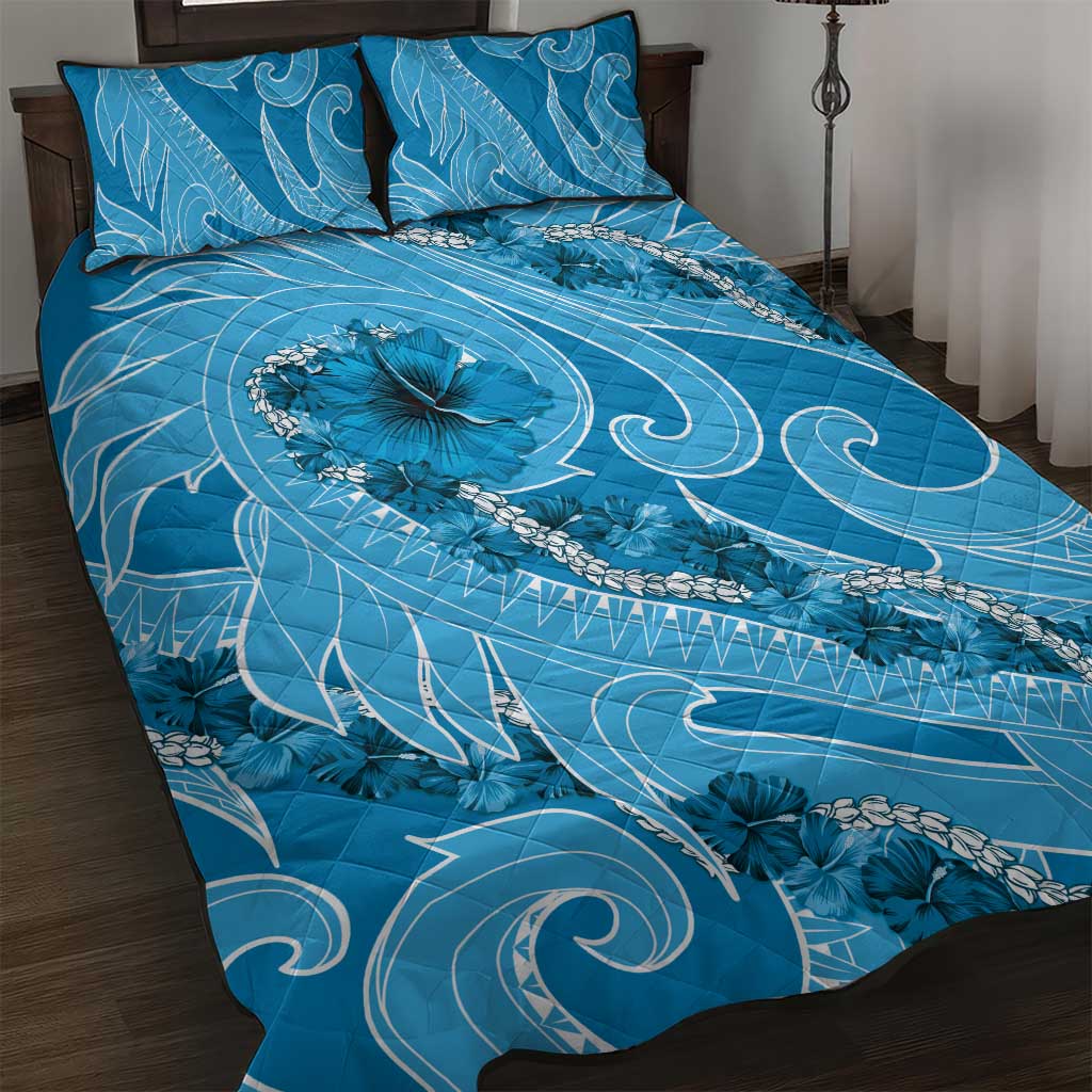 Hawaii Blue Hibiscus Pikake Lei Quilt Bed Set - Polynesian Pride
