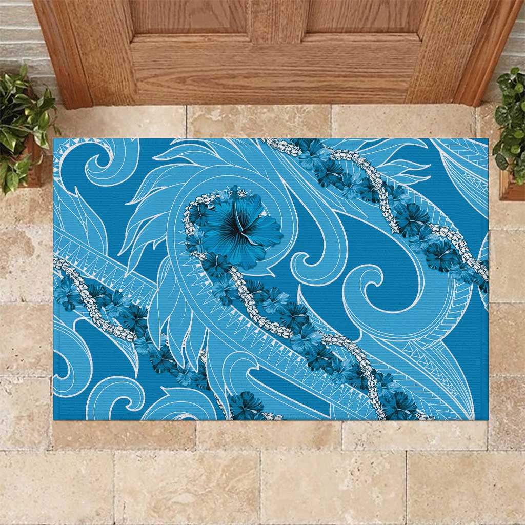 Hawaii Blue Hibiscus Pikake Lei Rubber Doormat - Polynesian Pride