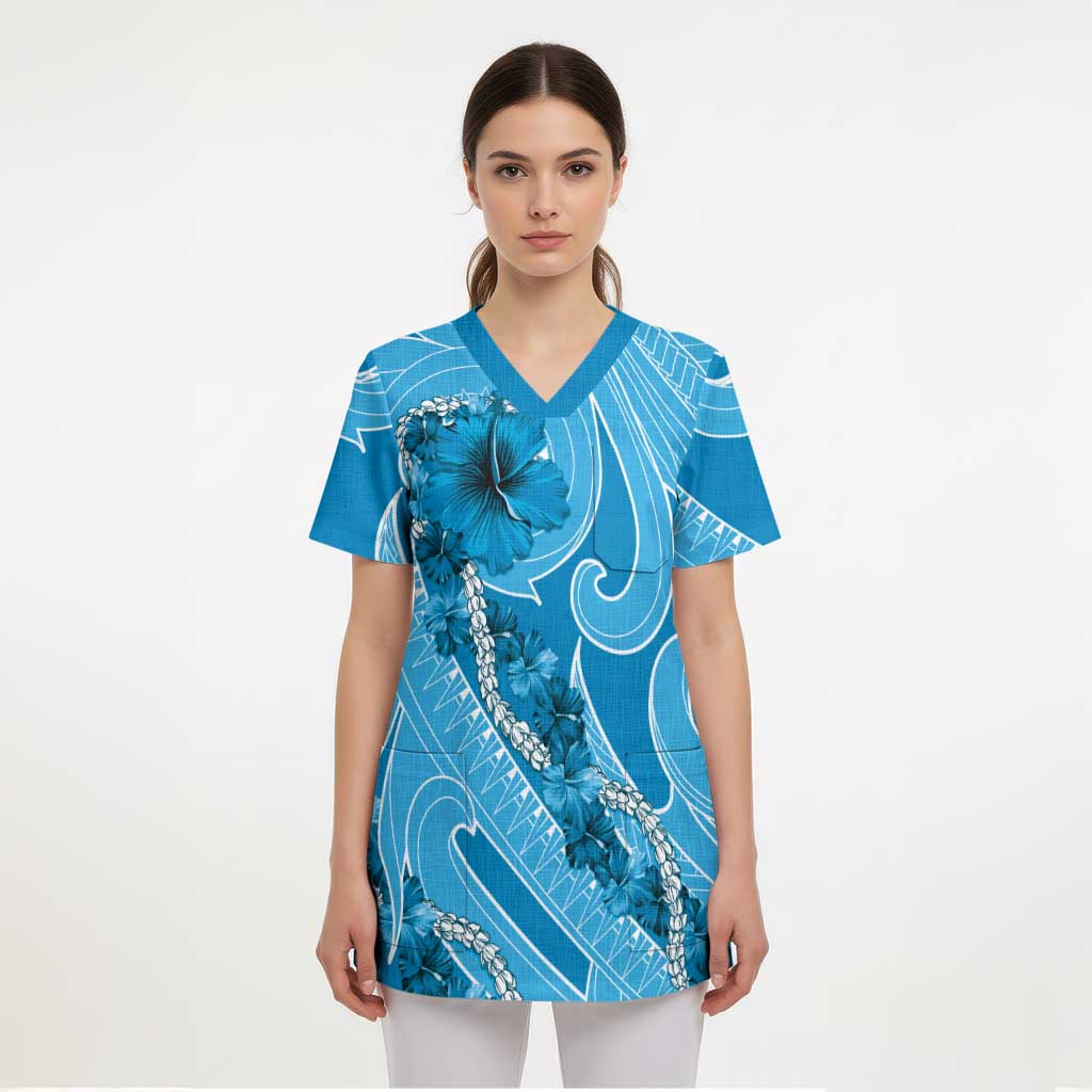 Hawaii Blue Hibiscus Pikake Lei Scrub Top - Polynesian Pride