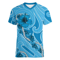 Hawaii Blue Hibiscus Pikake Lei Women V-Neck T-Shirt - Polynesian Pride