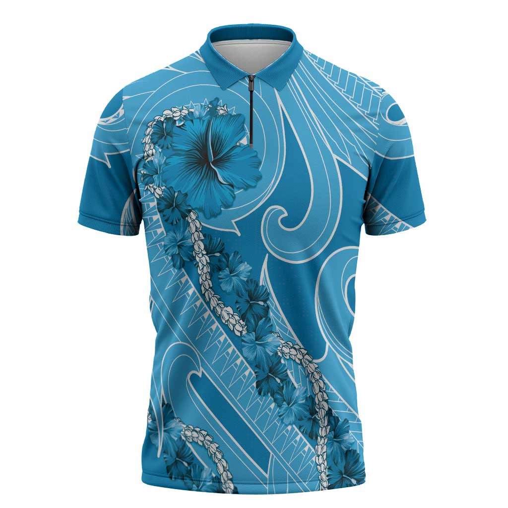 Hawaii Blue Hibiscus Pikake Lei Zipper Polo Shirt - Polynesian Pride
