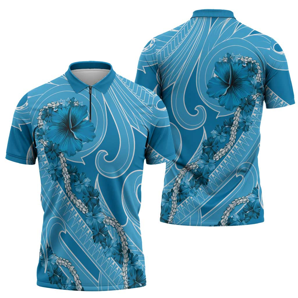 Hawaii Blue Hibiscus Pikake Lei Zipper Polo Shirt - Polynesian Pride