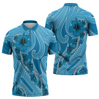 Hawaii Blue Hibiscus Pikake Lei Zipper Polo Shirt - Polynesian Pride