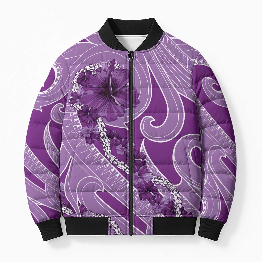 Hawaii Violet Hibiscus Pikake Lei Bomber Puffer Jacket - Polynesian Pride
