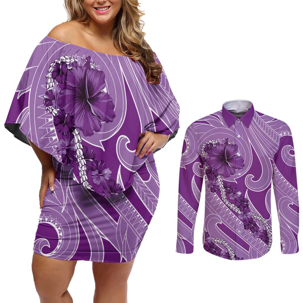 Hawaii Violet Hibiscus Pikake Lei Couples Matching Off Shoulder Short Dress and Long Sleeve Button Shirt - Polynesian Pride