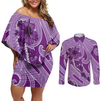 Hawaii Violet Hibiscus Pikake Lei Couples Matching Off Shoulder Short Dress and Long Sleeve Button Shirt - Polynesian Pride