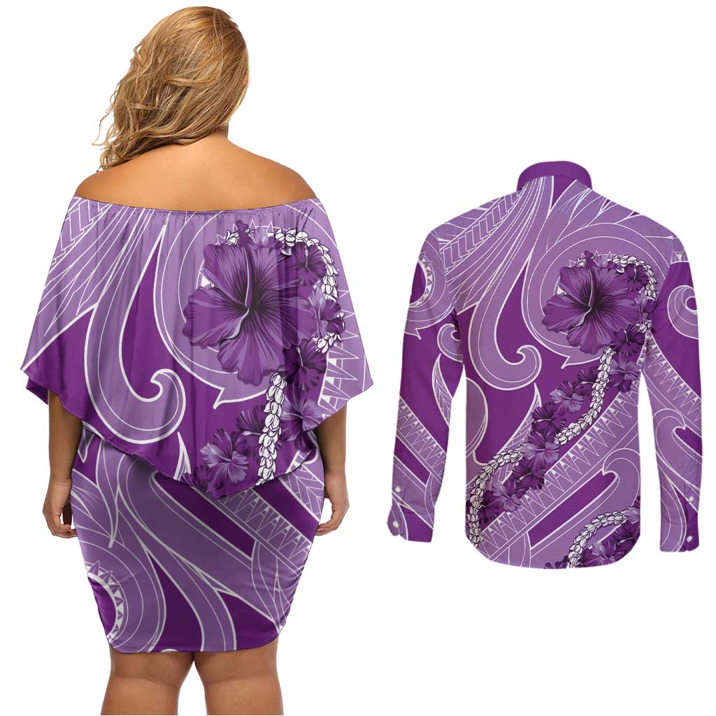 Hawaii Violet Hibiscus Pikake Lei Couples Matching Off Shoulder Short Dress and Long Sleeve Button Shirt - Polynesian Pride