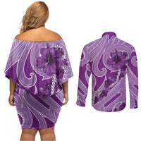 Hawaii Violet Hibiscus Pikake Lei Couples Matching Off Shoulder Short Dress and Long Sleeve Button Shirt - Polynesian Pride