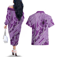 Hawaii Violet Hibiscus Pikake Lei Couples Matching Off The Shoulder Long Sleeve Dress and Hawaiian Shirt - Polynesian Pride