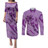 Hawaii Violet Hibiscus Pikake Lei Couples Matching Puletasi and Long Sleeve Button Shirt - Polynesian Pride